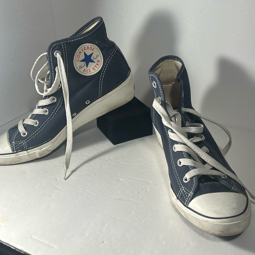Converse All Star Canvas Wedge Sneakers Womens 8 Blue White High Top Lace Up.